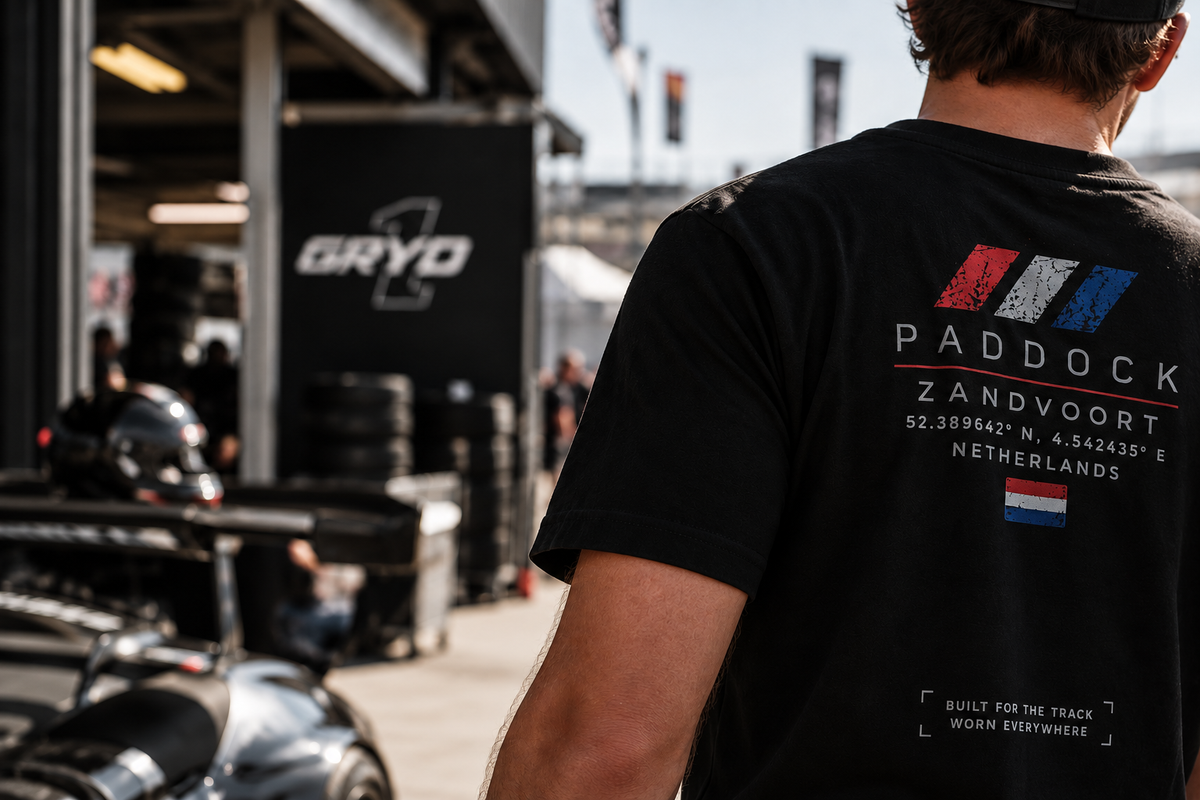 Rear view of the GRYD1 Paddock Zandvoort T-shirt trackside