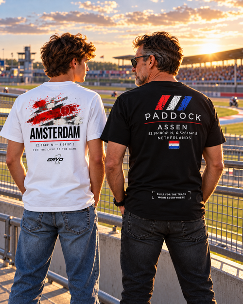 Father wearing a GRYD1 Paddock Assen T-shirt with his son in a GRYD1 Amsterdam shirt | Shared