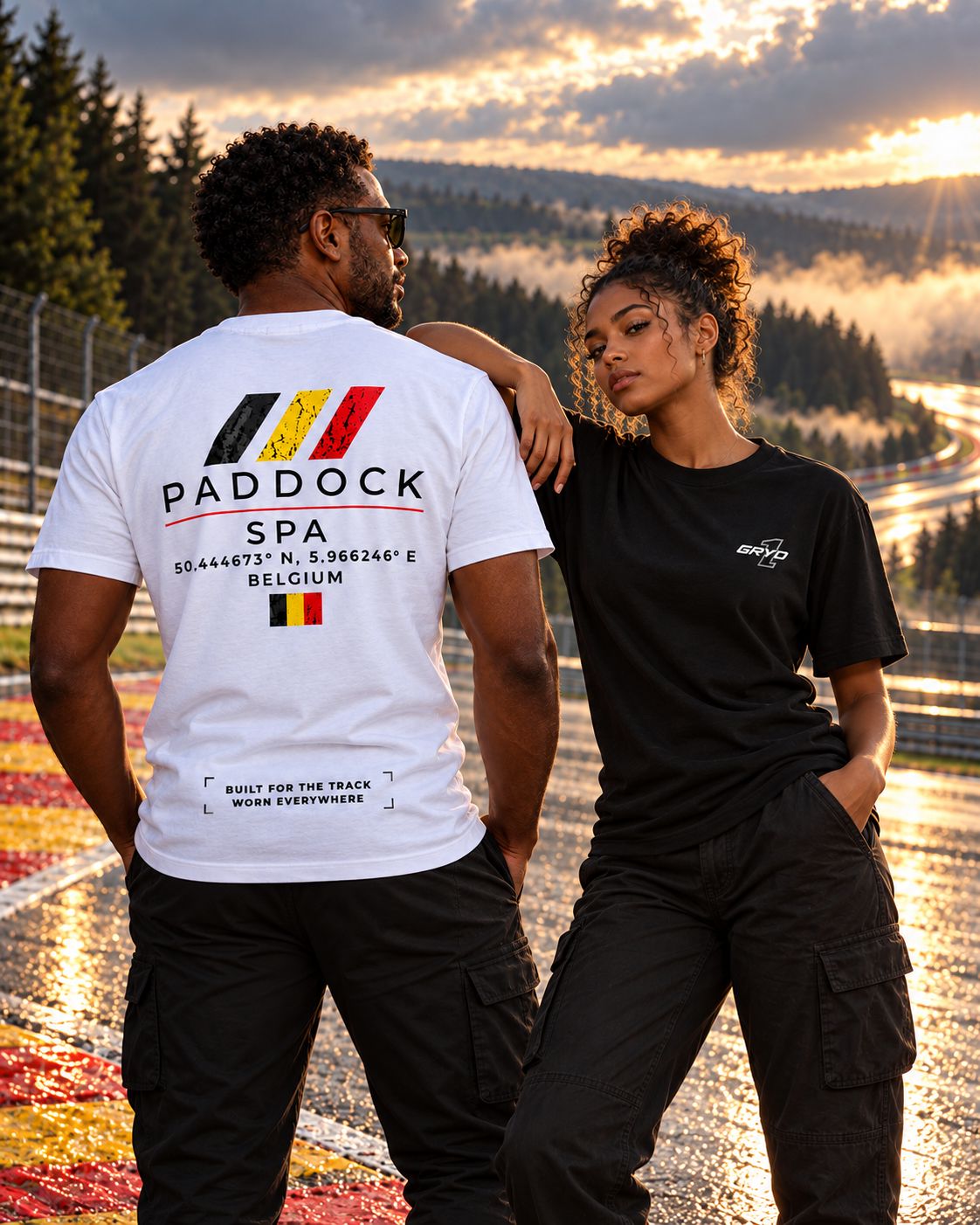 Man and woman wearing GRYD1 apparel in an atmospheric setting at Spa | Shared