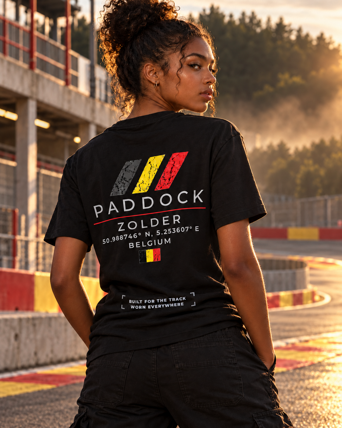 Woman wearing a GRYD1 Paddock Zolder T-shirt in an atmospheric motorsport setting | Shared