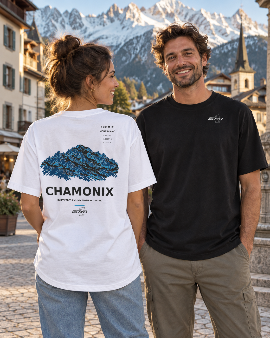 Person wearing a GRYD1 Summit Chamonix T-shirt in an alpine setting | Shared